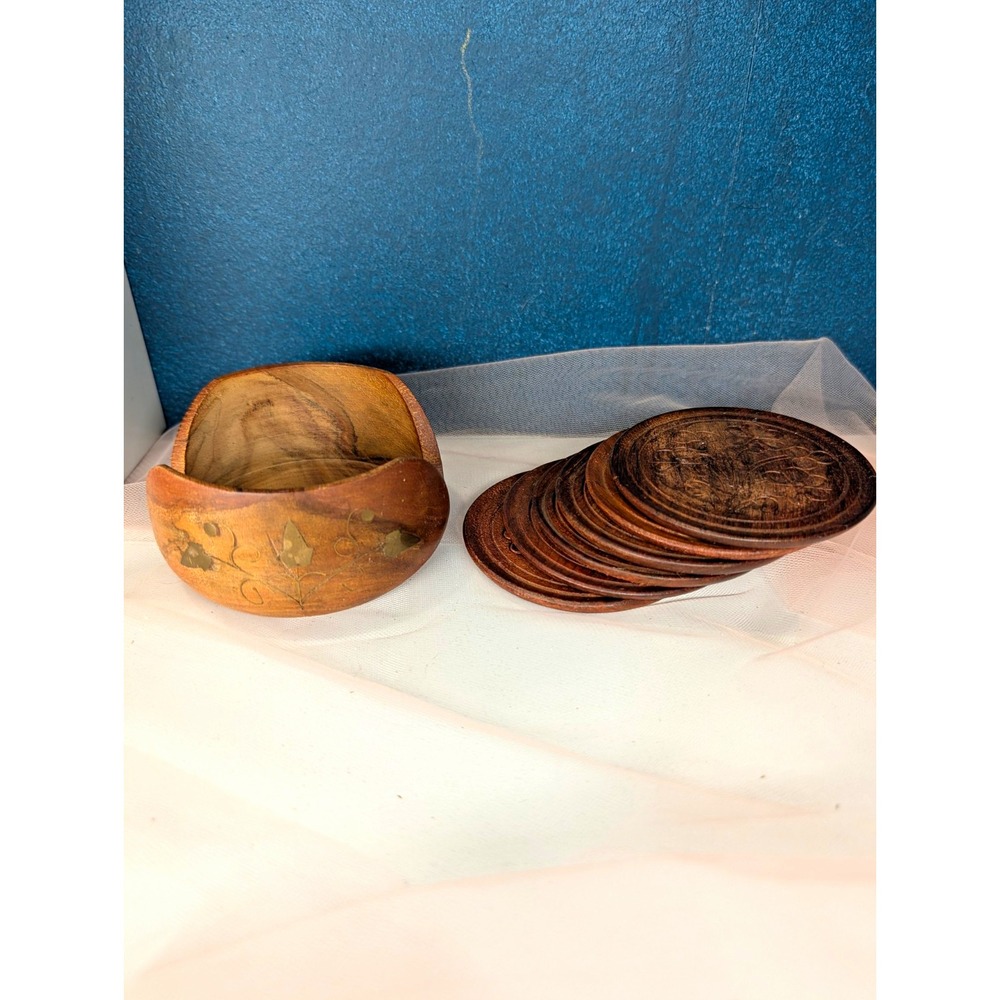 Carved Wooden Coaster Set with Holder & Brass Inlay Floral Detail